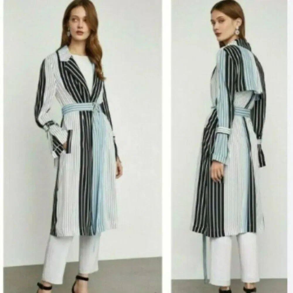BCBGMAXAZRIA Shirt Jacket Small Black Blue Stripe Trech Belt Pockets Lightweight - Picture 1 of 11